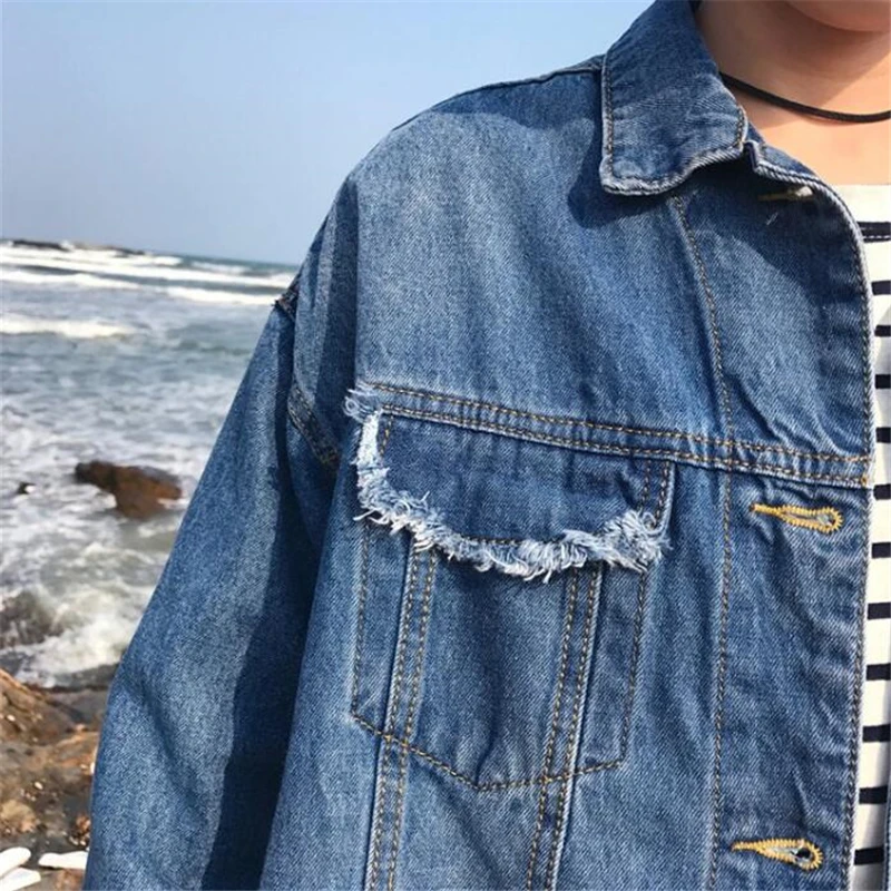 

2018 Spring autumn New Plus Size Fashion Women Loose Wild Casual Holes Chains Handsome Bf style Denim jacket Female jacket L0227