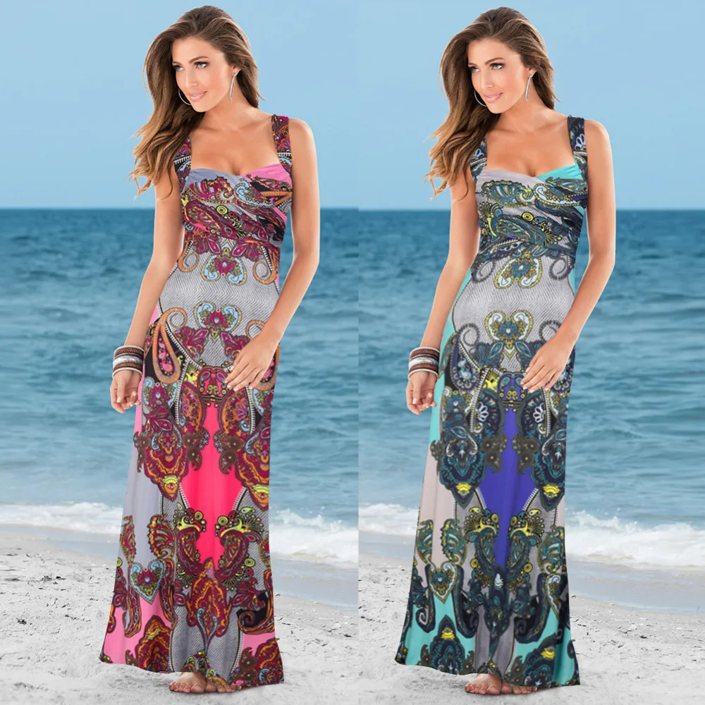 Летнее женское Новое бохо платье с принтом Плюс Размер Макси без рукавов Летний