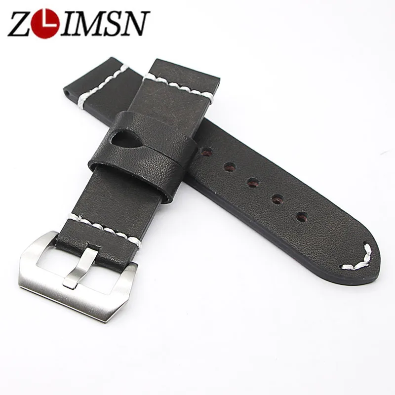 

ZLIMSN New Genuine Leather Watch Band Strap black White line Bracelet 24mm Suitable for Panerai watch accessories Watchbands