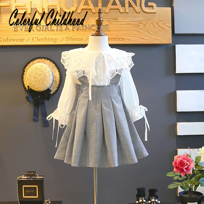 Комплект одежды для девочек осенняя школьная белая кружевная блузка клетчатое