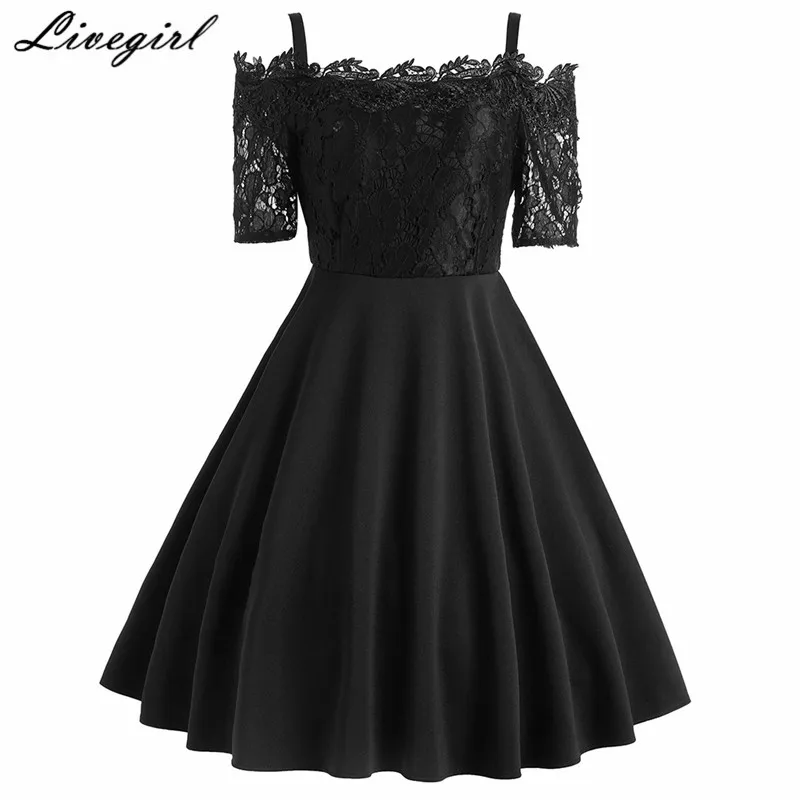 Женское платье халат винтажное с открытыми плечами кружевное черное летнее Jurken