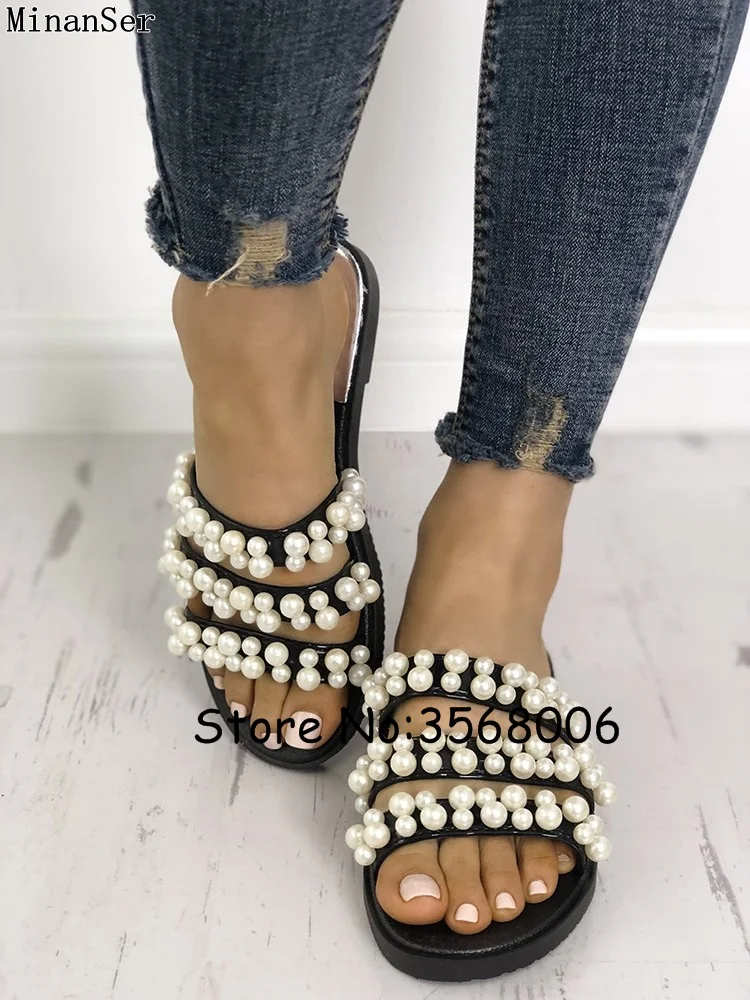 Pearl Embellished Open Toe Summer Women Slippers Beading Decoration Strap Lady Flats Slides Outside Beach Shoes | Обувь