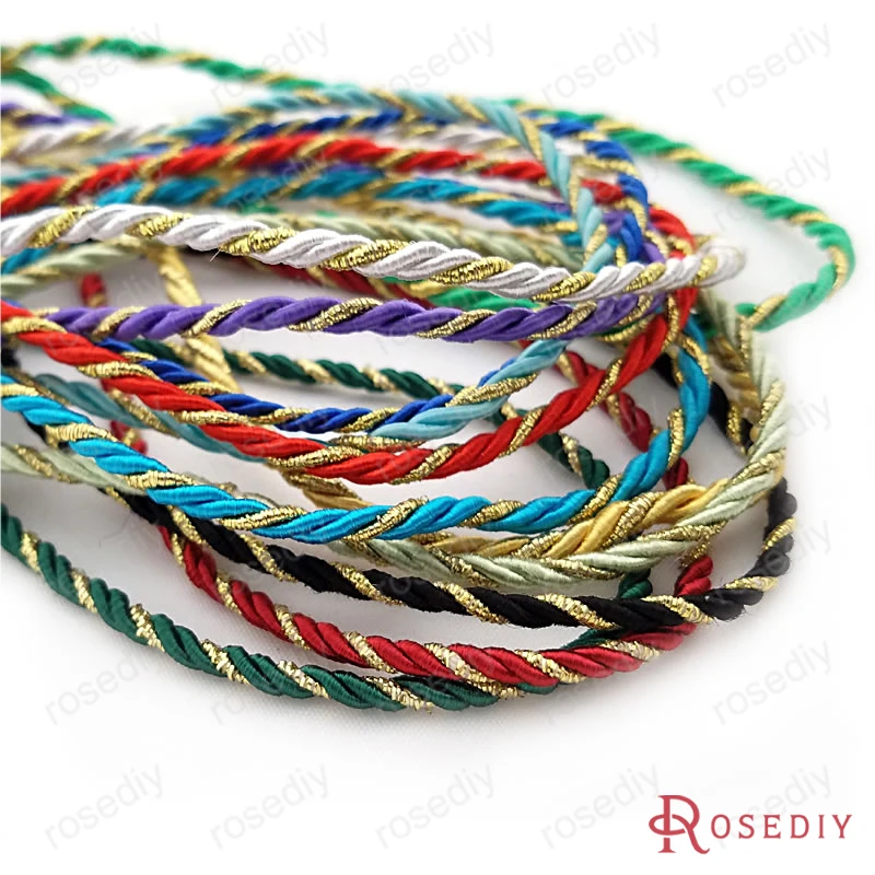

(F15514)5 Meter Diameter 3mm 4mm 5mm Solid Color + Gold Satin Polyester Three Strands of Twisted Cords Rope Diy Accessories