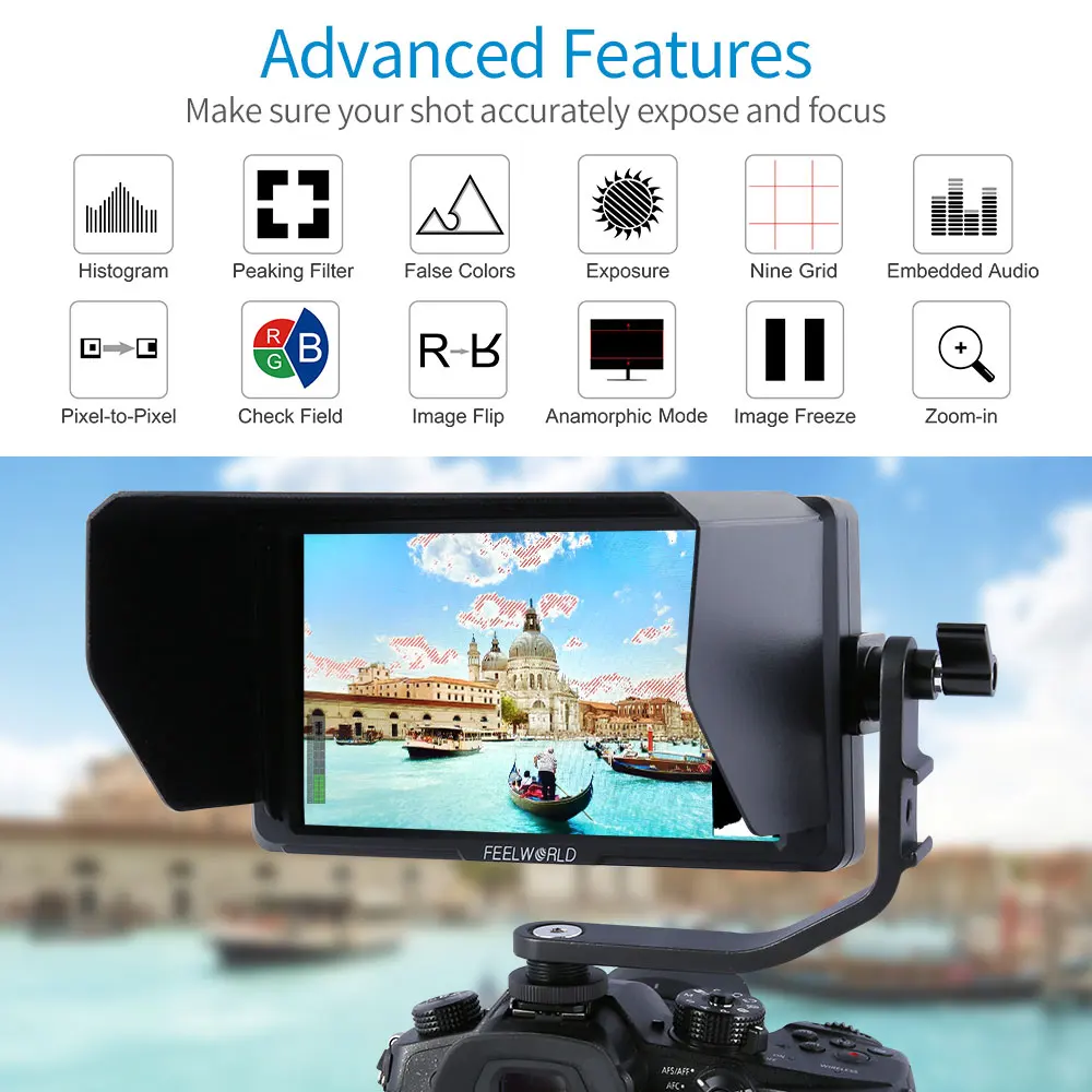Verkauf FEELWORLD F5 5 Zoll DSLR Auf Kamera Feld Monitor Kleine Full HD 1920x1080 IPS Video Fokus Mit 4K HDMI DC Ausgang Tilt Arm