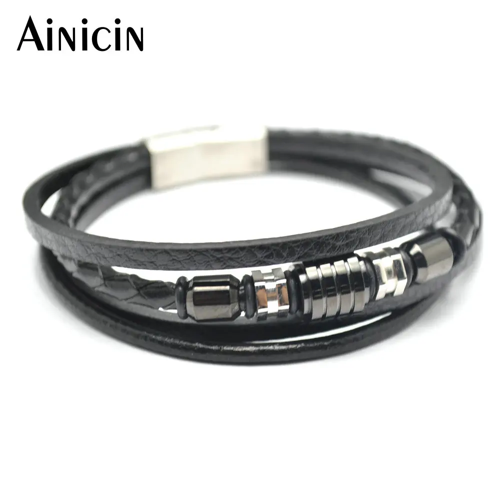Многослойные браслеты из натуральной кожи с черным покрытием модные мужские