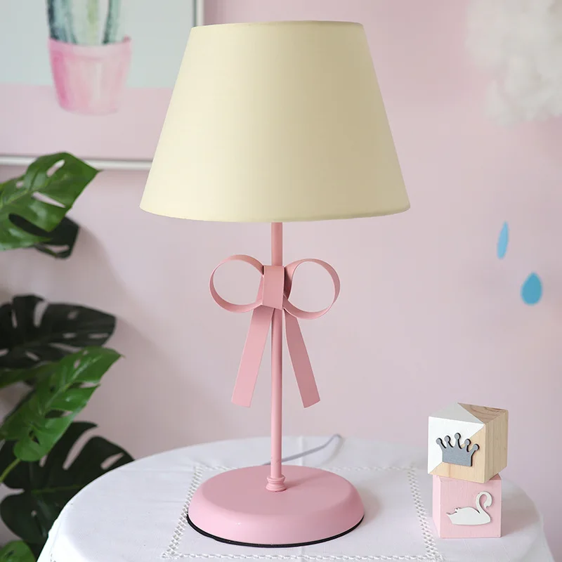 Bow-knot Table Light LED Desk Lamp Fabric Lampshade Lights for Children's Room Princess Bedroom Bedside Lamps Luminaire - Цвет абажура: yellow---Pink
