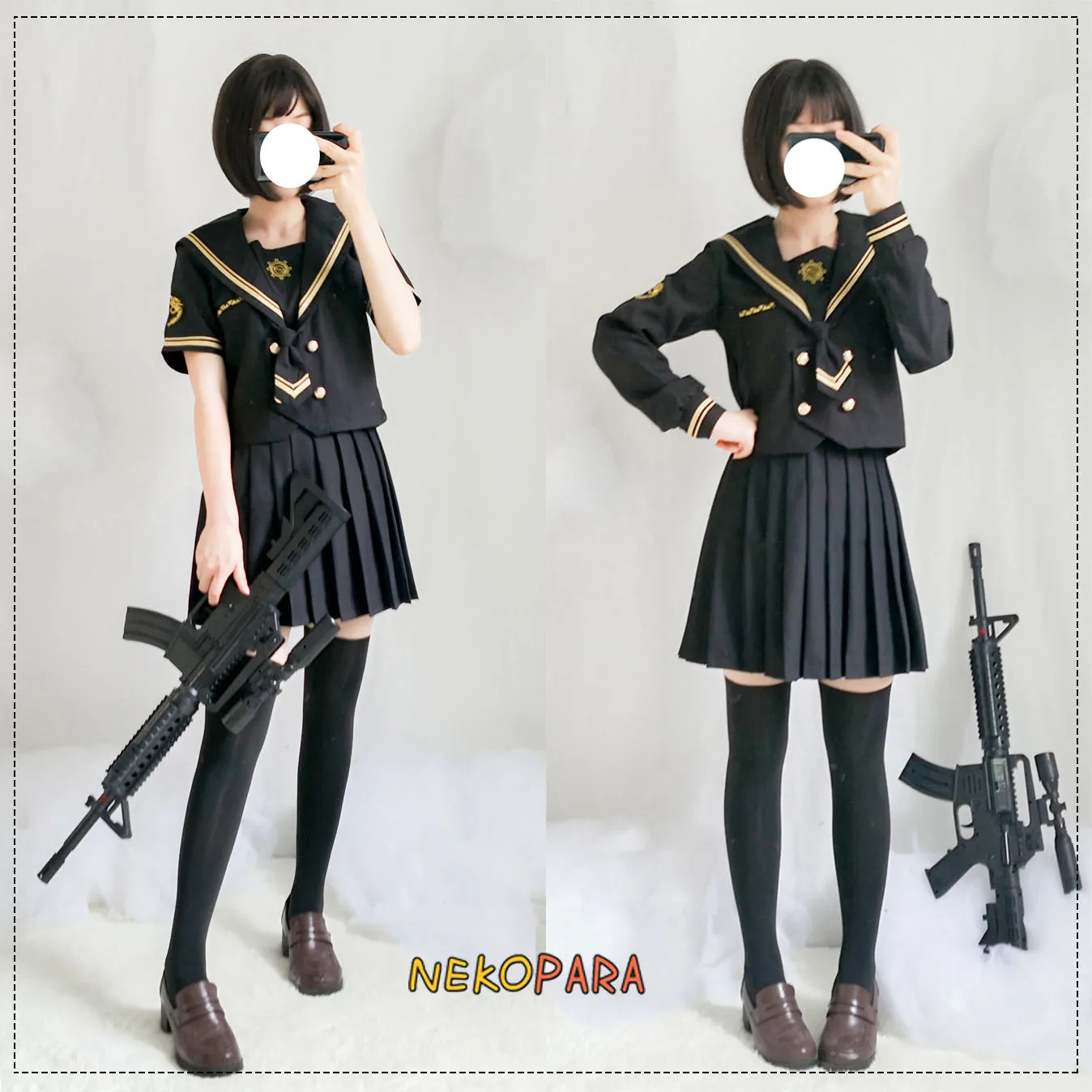 

Hackbuteer Cute Japanese Women's JK Uniform 2Pcs Set: Long/Short Sleeves Sailor Collar Blouse Shirt + Pleated Skirt 2 Styles