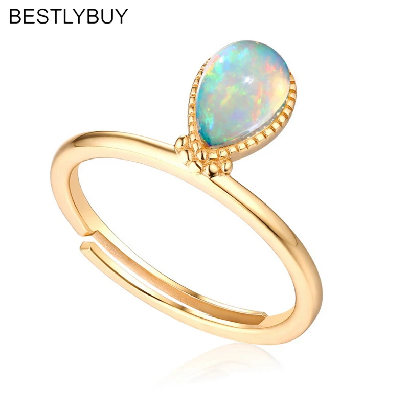 

Original 925 Sterling Silver Elegant 7mm*5mm opal stone bezel setting tear drop single thin dainty cute girls women ring 2018