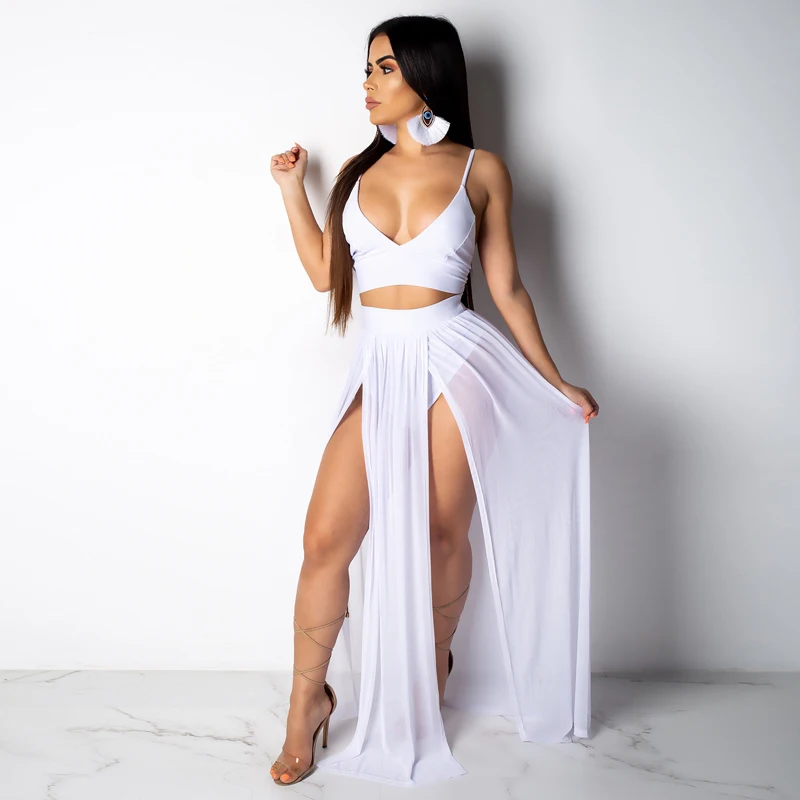 Женский комплект из двух предметов пляжный однотонный шифоновый топ и юбка