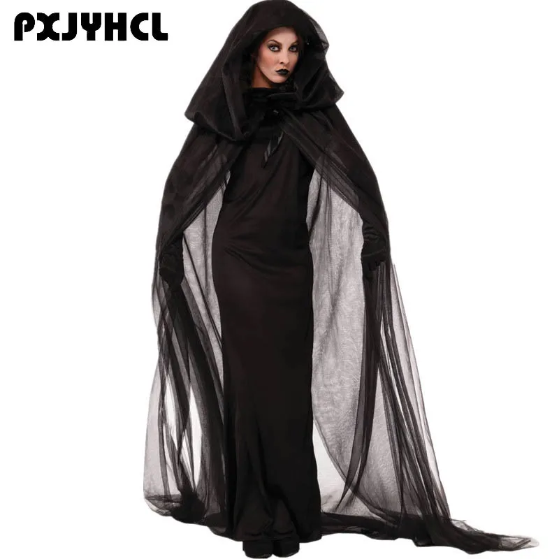 

Halloween Adult Women Witch Vampire Cosplay Costume Fantasia Black Death Ghost Bride Hooded Cloak Long Dresses Clothing Uniform