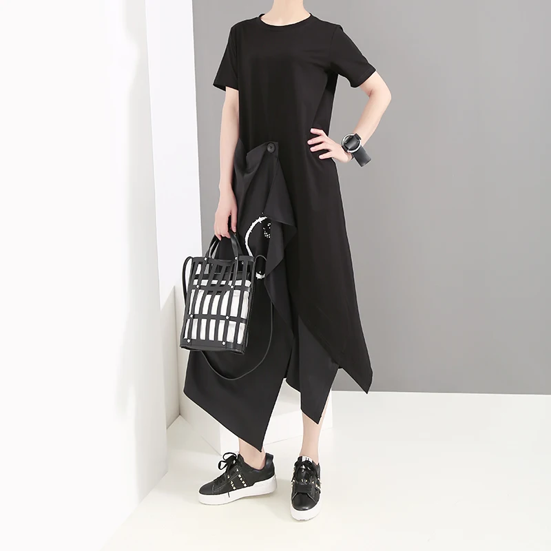 Новинка 2019 корейский стиль женская летняя черная футболка платье с коротким
