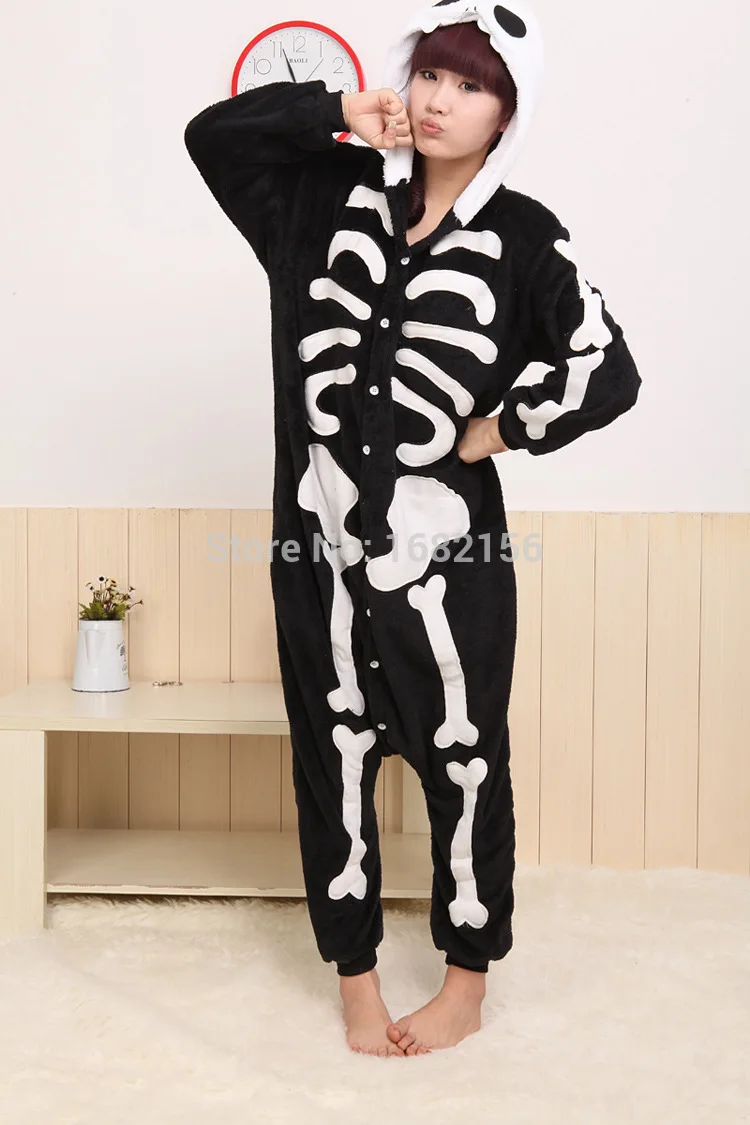 Кигуруми Скелет Комбинезоны пижамы животных взрослых Onesie аниме череп Толстовки пижамы Косплэй костюм для Рождество holloween партии
