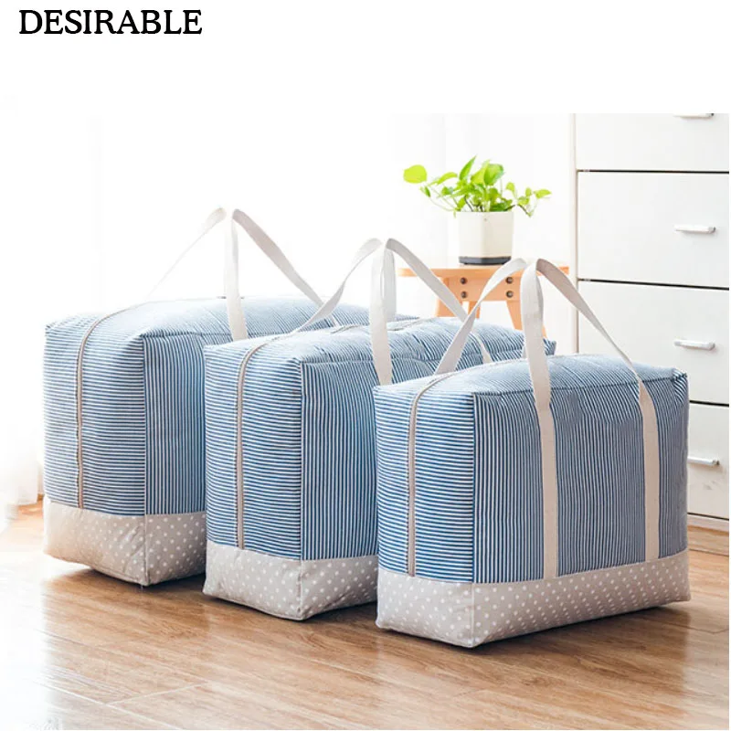 

DESIRABLE New Large-Capacity Striped Storage Bag Thick Cotton Linen Two Zipper Clothing Quilt Flushable Bedding Organize Bag 1Pc