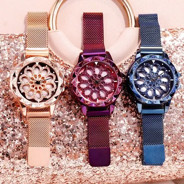 Прямая поставка Женские часы Роскошный бренд вращающийся цветок кварцевые