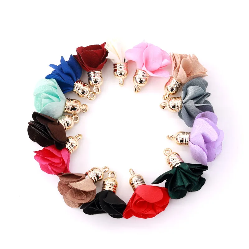 

50pcs Fashion Multi-Colored Flower Silk Polyester Cloth Tassel Charms Pendants for DIY Earring Jewelry Making Findings