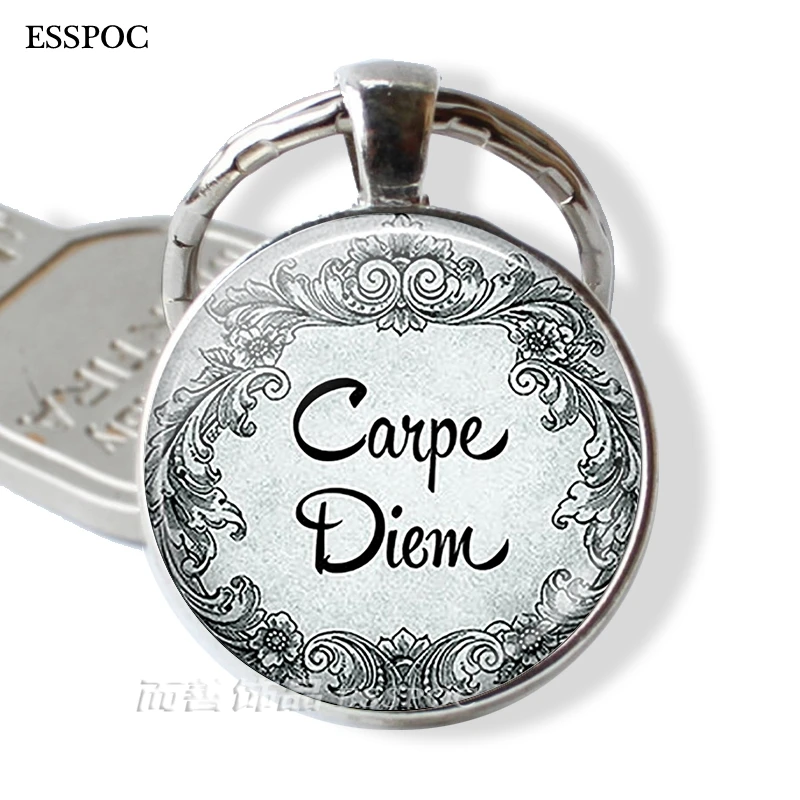 

Fashion "Carpe Diem" Seize The Day Inspirational Quote Glass Dome Silver Color Key Chain Ring Keyfob Keychain Birthday Gift