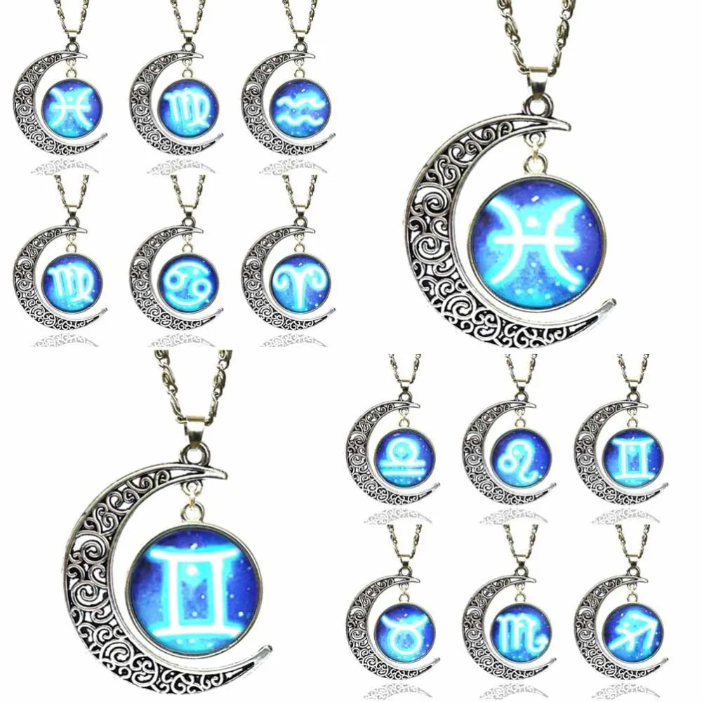 Glass Zodiac Sign Pendant Chain Necklace Constellation Womens Jewelry | Украшения и аксессуары