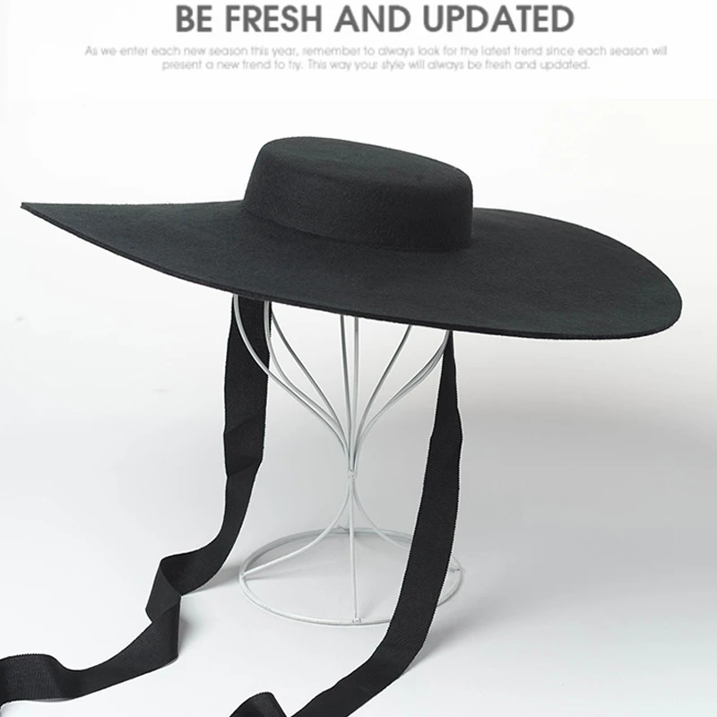 Винтажная Женская Шляпа Fedora с большими полями, Черная Женская плоская шляпа в стиле джаз, австралийская шерстяная фетровая Повседневная зимняя шляпа Fedora с ленточками