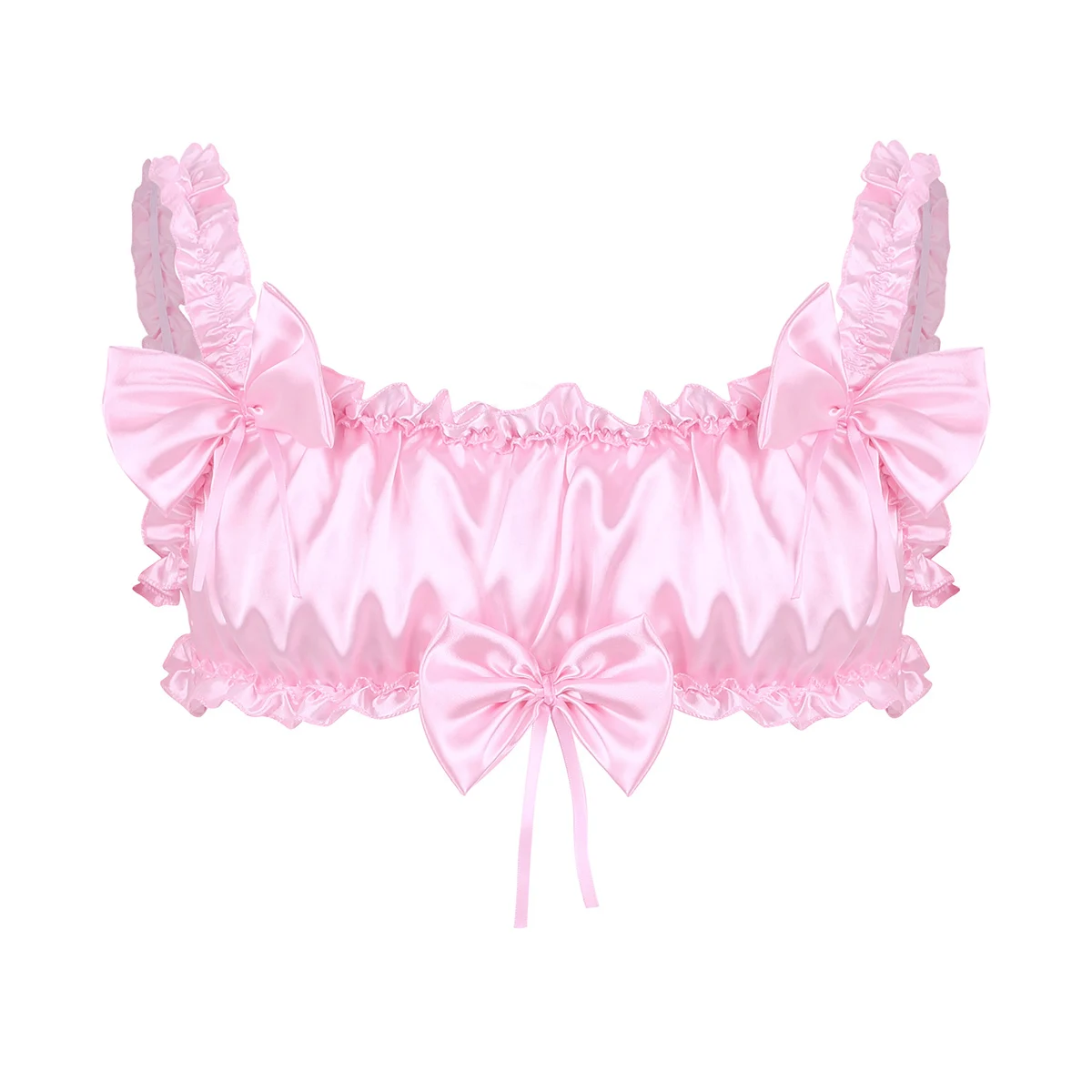 

Mens Sissy Lingerie Smooth Soft Satin Ruffled Frilly Elastic Wide Shoulder Straps Backless Wire-free Bra Top Gay Sexy Underwear