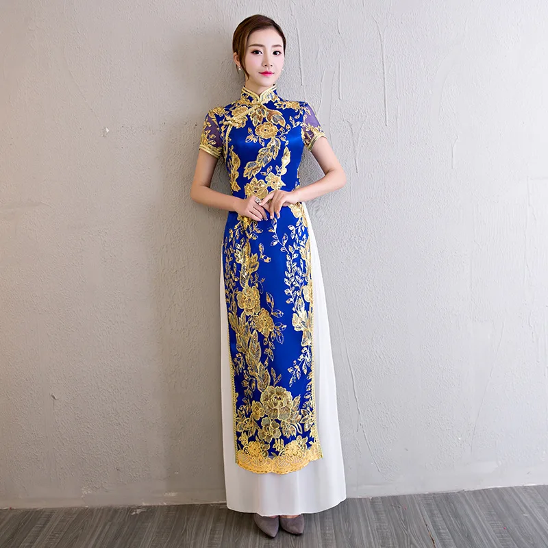 Большие размеры 3XL 4XL блестки китайский стиль сценическое шоу Qipao новое длинное тонкое Cheongsam винтажное Цветочное платье "аодай" Vestidos