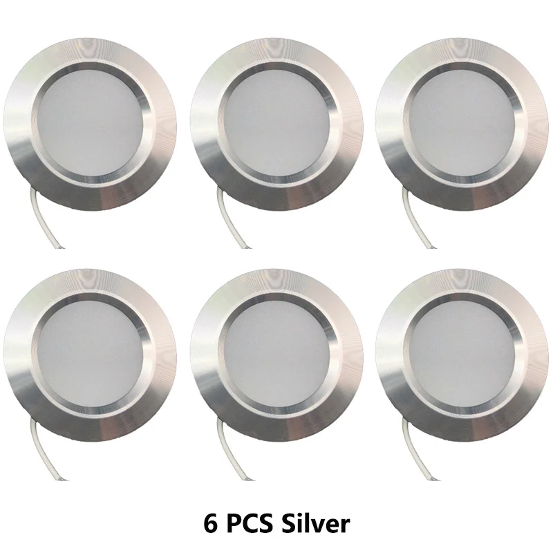 Silver 6 шт. DC12V 3 Вт светодиодный шкаф под шкаф круглая форма шайба лампы винный шкаф Книжная Полка Шкаф мотор дома огни - Color: Silver