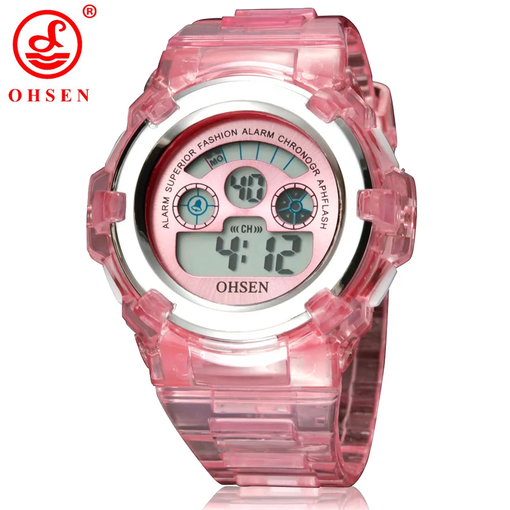Pink Новинка, OHSEN, цифровые спортивные часы, наручные часы для детей, девочек, 30 м, водонепроницаемый силиконовый ремешок, милые зеленые ручные часы для детей, подарок - Цвет: Pink