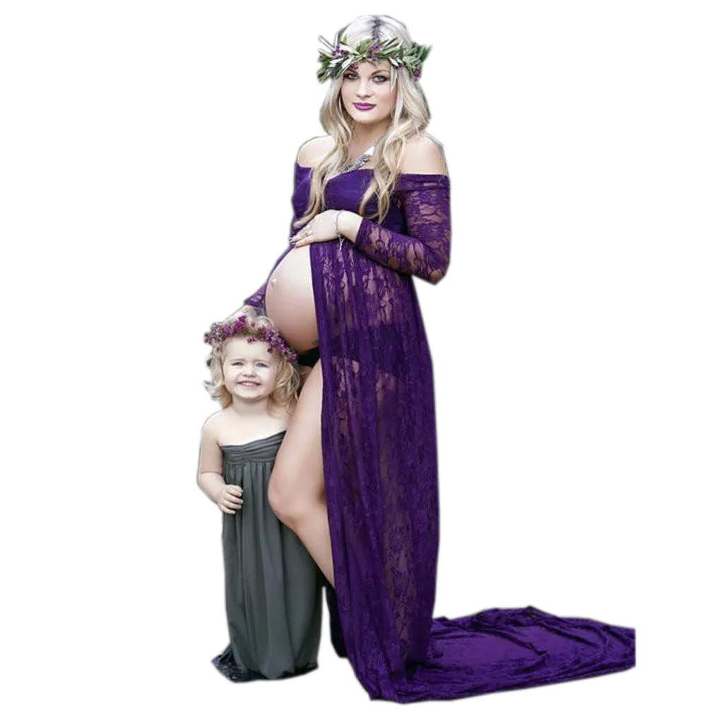 

Women Maxi Bohemia Skirt Maternity Photography Props White sexy deep V-neck long-sleeved lace perspective tight tail coat dress