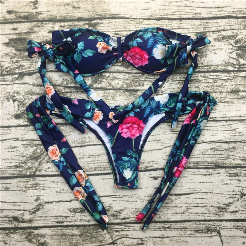 Сексуальный бразильский Biquini 2018 бинты Бикини комплект с цветочным принтом снизу
