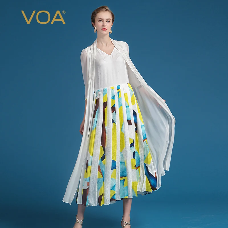 Женское платье VOA белое шелковое с v образным вырезом размера плюс комплект из