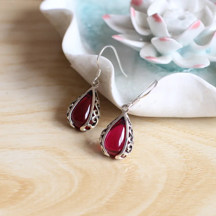 

2 colors Natural semi-precious stone Garnet red party 925 silver fashion ladies hollow Garnet Earrings girlfriend gift vintage