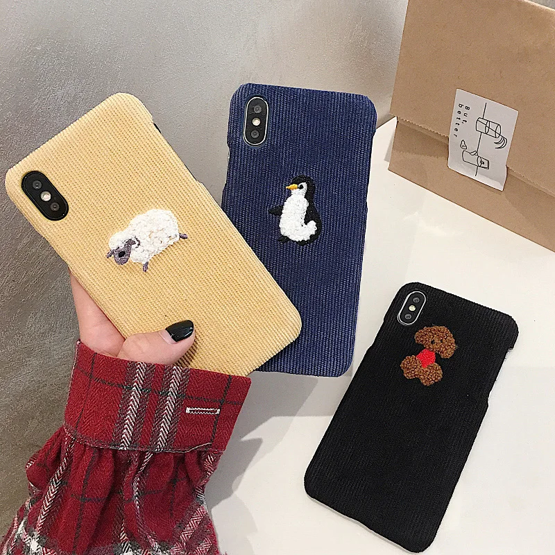 Cute Dog Sheep Embroidery Phone Case For iphone 7 8 6s 6 plus X XS Max XR Cover Fashion Warm Corduroy Hard Cases |