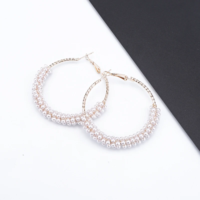1Pair Bohemian White Small Bead Gold Color Big Hoop Earrings For Women Fashion Endless Round Earings Jewelry Grandes E395-1 | Украшения и