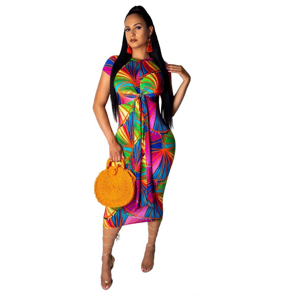 Женское летнее карнавальное платье с короткими рукавами и принтом листьев