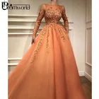 Оранжевые мусульманские Вечерние платья, искусственное длинное женское платье-трапеция из тюля с круглым вырезом и бисером для официальной вечеринки