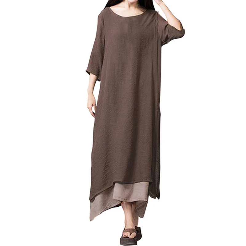 

New Womens 3/4 Sleeve Solid Long Dress Ladies Loose Crew Neck Casual Party Dress
