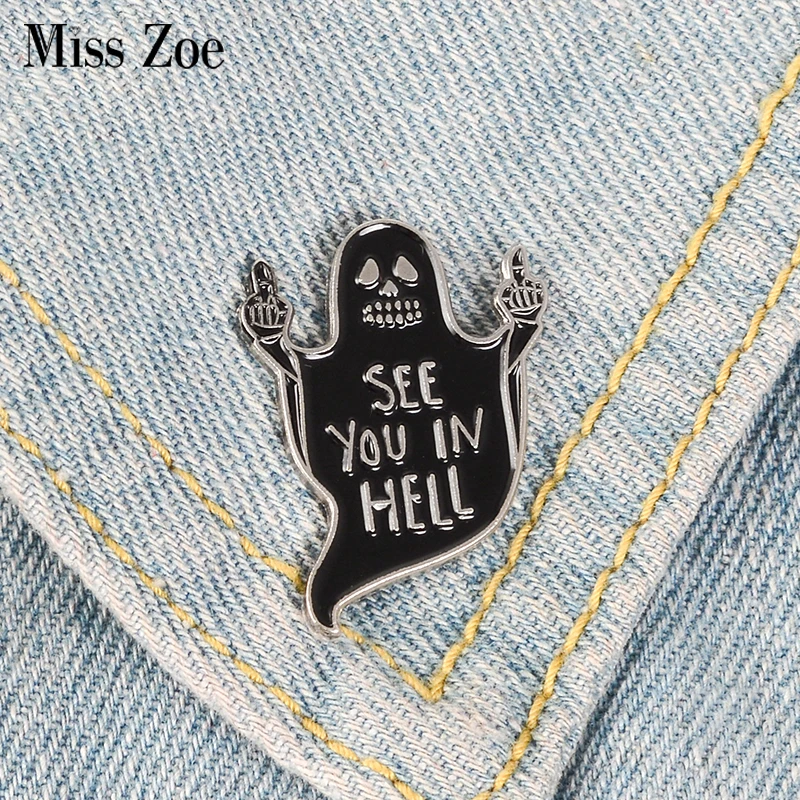 

Black Ghost Middle Finger Enamel Pin See you in hell Badge Brooches Bag Clothes Lapel pin Funny Punk Gothic Jewelry Gift