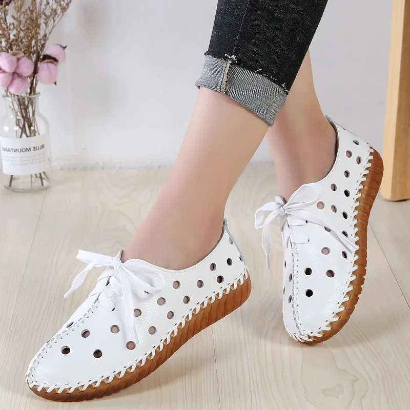 PINSEN Autumn Women Flats Shoes Handmade Genuine Leather Slip-on Shoes Woman Moccasins Ladies Oxfords Ballerina Flats Shoes - Цвет: 051 Summer White