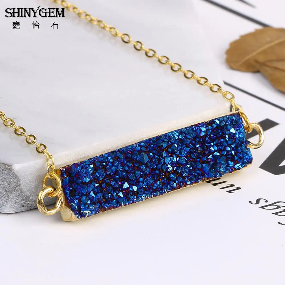 ShinyGem Charm 10*40 мм золотое покрытие прямоугольник натуральный кристалл Druzy Кулон