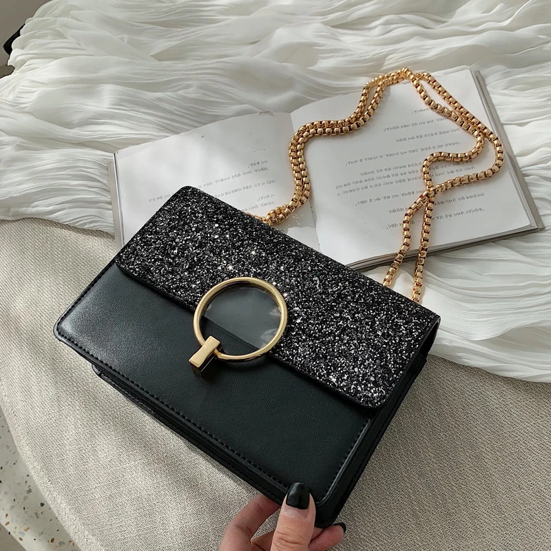 Модная женская кожаная сумка через плечо с цепочкой 2019 года украшенная блестками