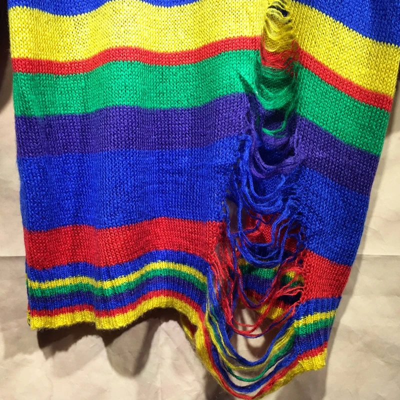 Женский пуловер с глубоким v-образным вырезом тонкий Радужный Цветной полосатый