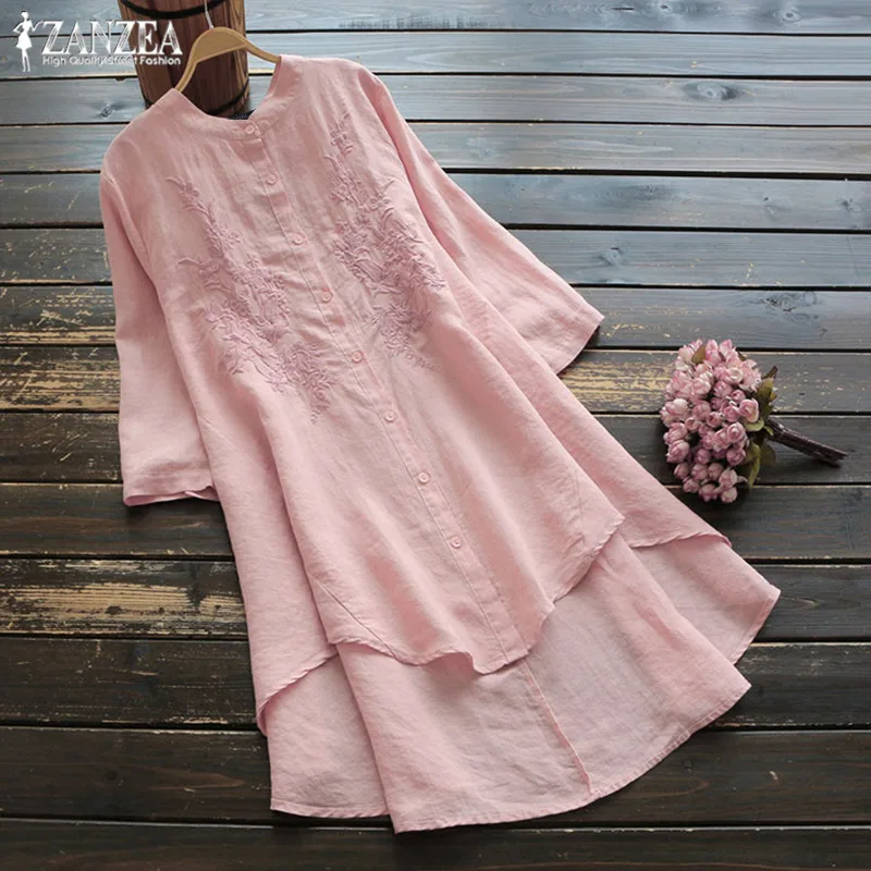 Размера плюс ZANZEA рубашка с вышивкой Vestidos Осенняя Женская однотонная с длинным рукавом хлопковая Рабочая длинная туника Топы Блузка Женская сорочка