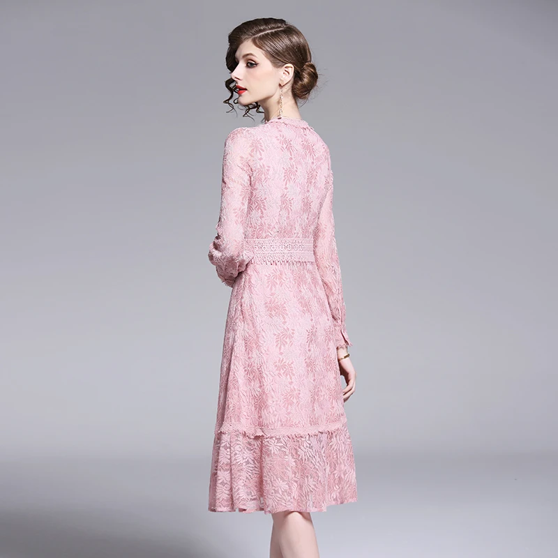 Новый стиль ажурное розовое кружевное платье с узором vestidos mujer Verano длинные рукава