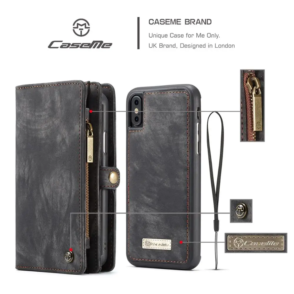 detachable zipper wallet magnetic phone cases for iphone xs max xr 10 genuine leather folio cover for iphone 6 6s 7 8 plus 8plus free global shipping