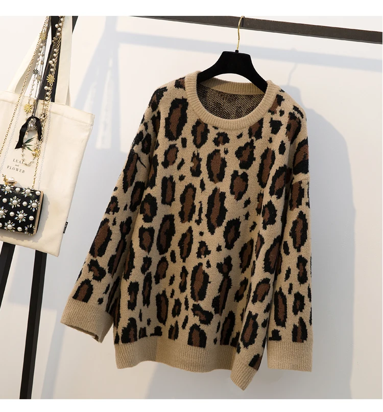 HAMALIEL Runway Designer Plus Size Knitted Sweater And Pullovers Fashion Thick Leopard Print Loose Tops Casual Oversize Jumper | Женская