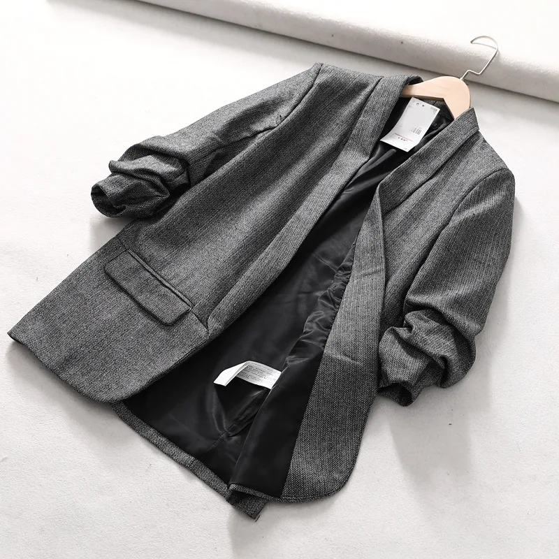 Gray suit Блейзер Женский твидовый винтажный Роскошный Блейзер с зубчатым воротником офисный Женский Повседневный модный костюм пиджак Женский блейзер - Цвет: Gray suit