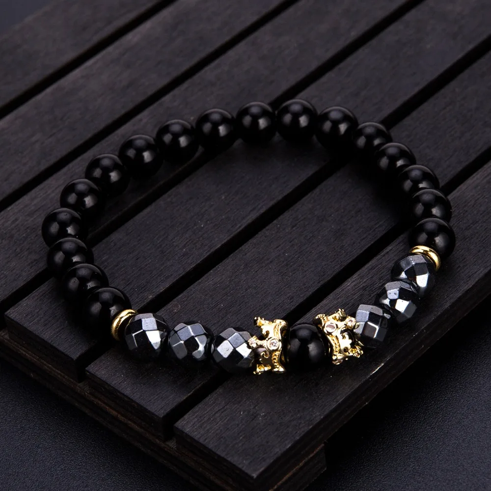 Мужской браслет Noter новый дизайн с двойной милой короной обсидиан гематит Braclets