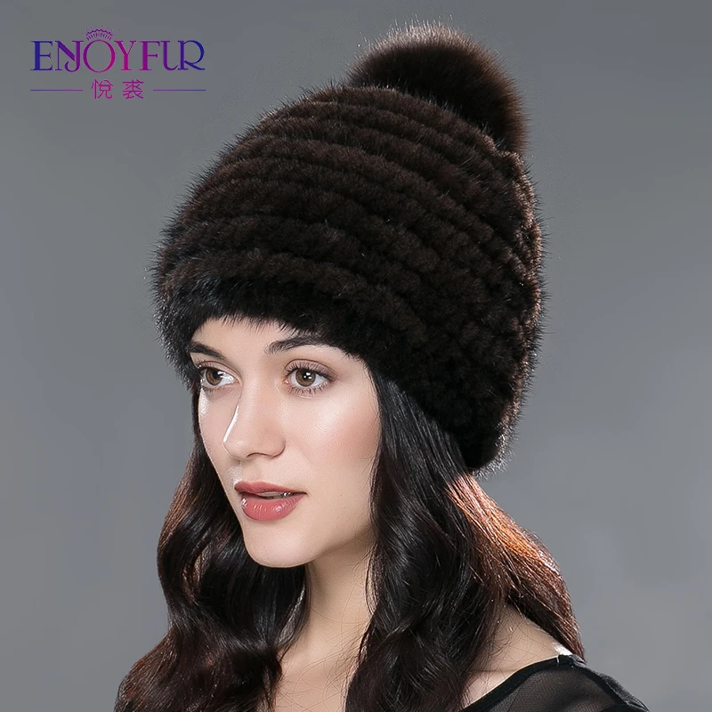 Реального норки меховая шапка для зимы Женщин Трикотажные полосы и лисий мех