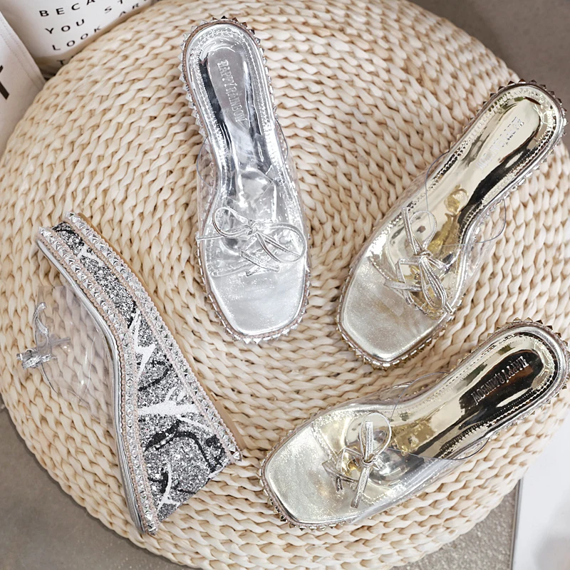 2019 г. женские Кристальные заклепки босоножки на танкетке 9 5 см высокий каблук 4