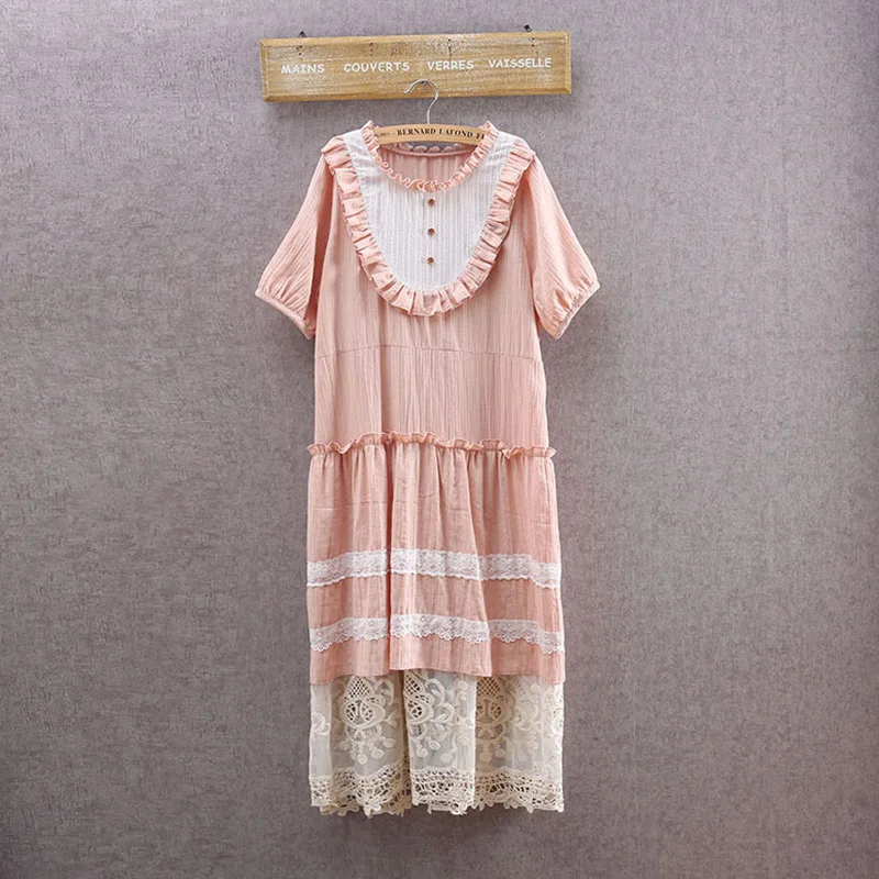 

Harajuku Summer Mori Girl Sweet Dress Women Clothing Short Sleeved Lace Patchwork Button Cotton Linen Lovely Midi Dresses A092