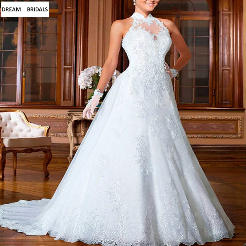 

Elegant Halter Beading Sequined Lace Wedding Dresses 2019 Button Back vestido de noiva With Detachable Train Bridal Gown
